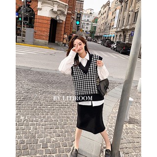 [Order] Set đồ len (áo gile + chân váy) mix sơmi trắng tay bồng