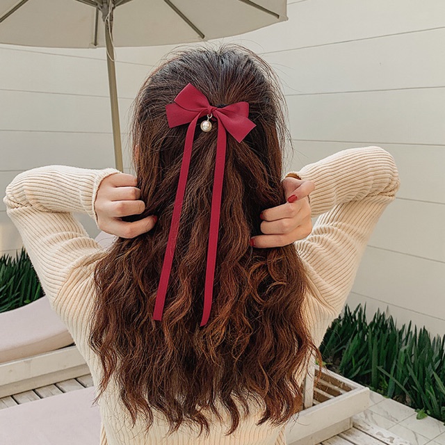 B45 Kẹp tóc nơ ngọc thả rơi vintage