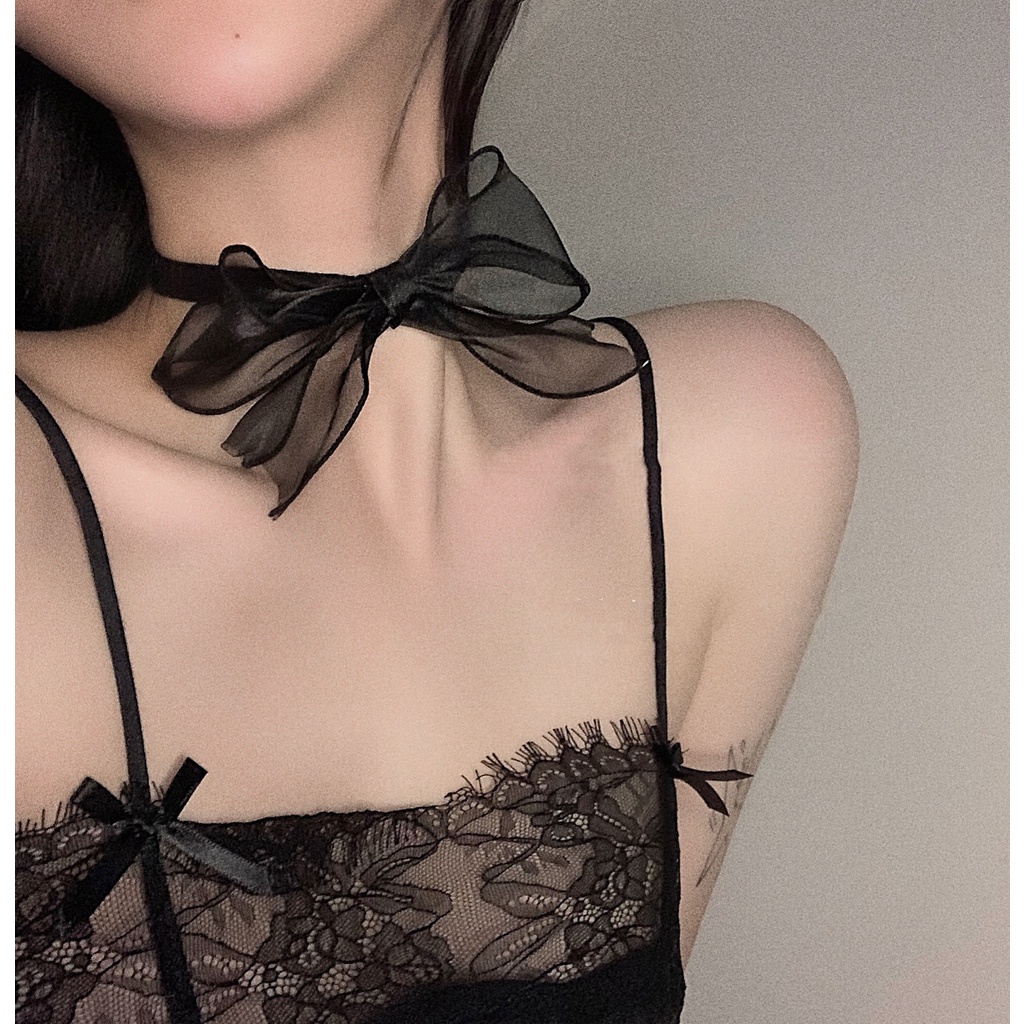 Vòng Cổ Choker Ren Màu Đen Phối Nơ Phong Cách Âu Mỹ Cho Nữ