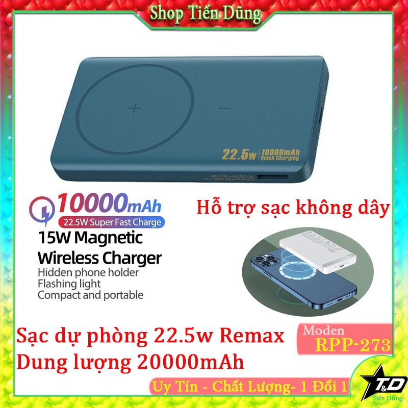 Pin Sạc Dự Phòng kiêm Sạc Không Dây Từ Tính Remax Rpp-273 10000mah Sạc Nhanh Qc 3.0 Pd 22.5w Nhỏ Gọn có giá đỡ