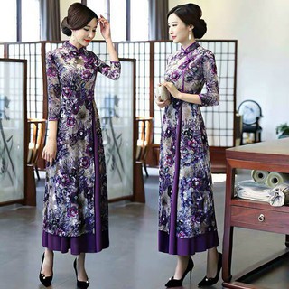 HÀNG NHẬP - ĐẦM NHUNG HOA TÍM PHỐI LỤA CỔ TÀU