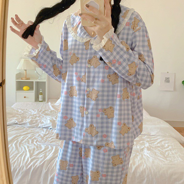 Bộ ngủ pijama dài tay thu đông viền bèo hình gấu dễ thương vải cotton