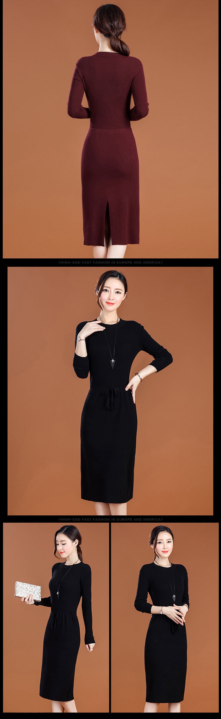 Đầm Dệt Kim Tay Dài Màu Đen / Đỏ / Xanh Lá Size M-3xl