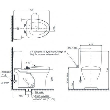 Bồn Cầu TOTO CS735DT8 Hai Khối Nắp TC600VS, Nắp TC393VS