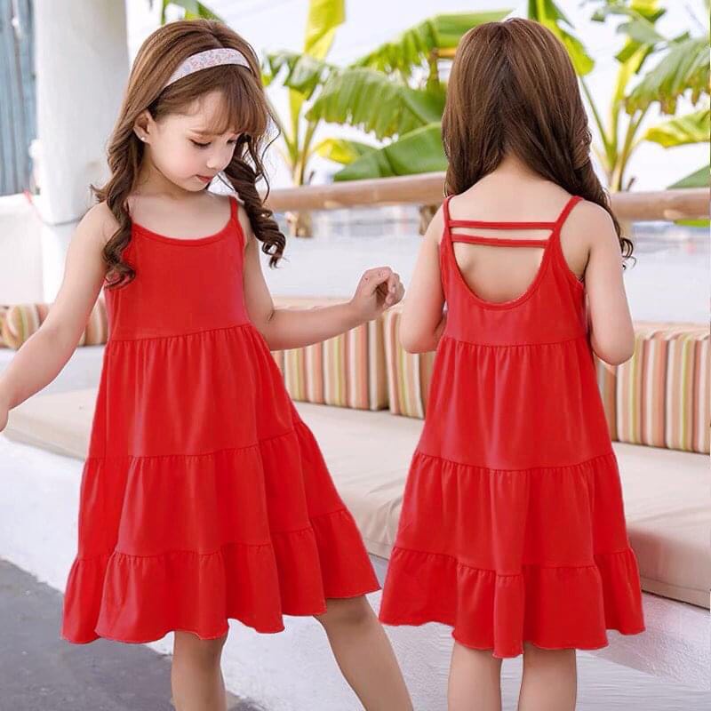 Váy đầm 2 dây cho bé gái MOMO chất cotton 3 tầng dáng xòe, Váy hai dây chất thun mềm mịn 10-25kg