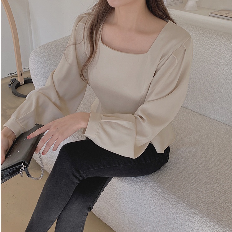 Áo tay dài SUXI cổ vuông phong cách cổ điển Hàn Quốc dễ phối đồ cho nữ