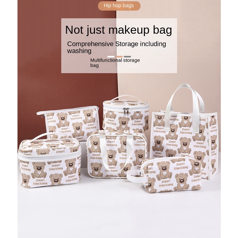 Túi Đựng Đồ Trang Điểm Cầm Tay Chống Nước Sức Chứa Lớn Có Khóa Kéo in Hình Gấu Dễ Thương