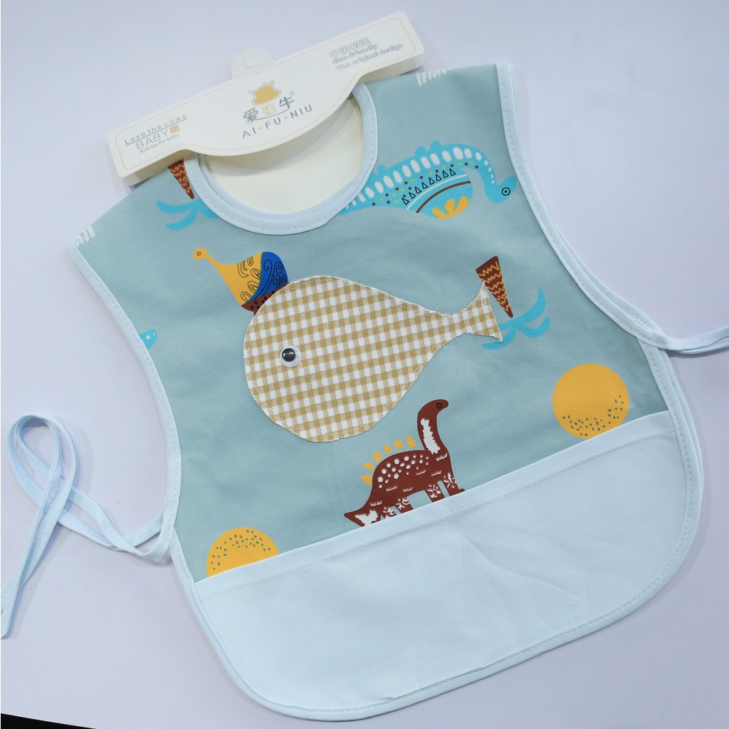 Set 2 yếm máng họa tiết Cá Ai Fu Niu cao cấp, chất cotton chống thấm nước, có máng đựng thức ăn rơi Zimbababy