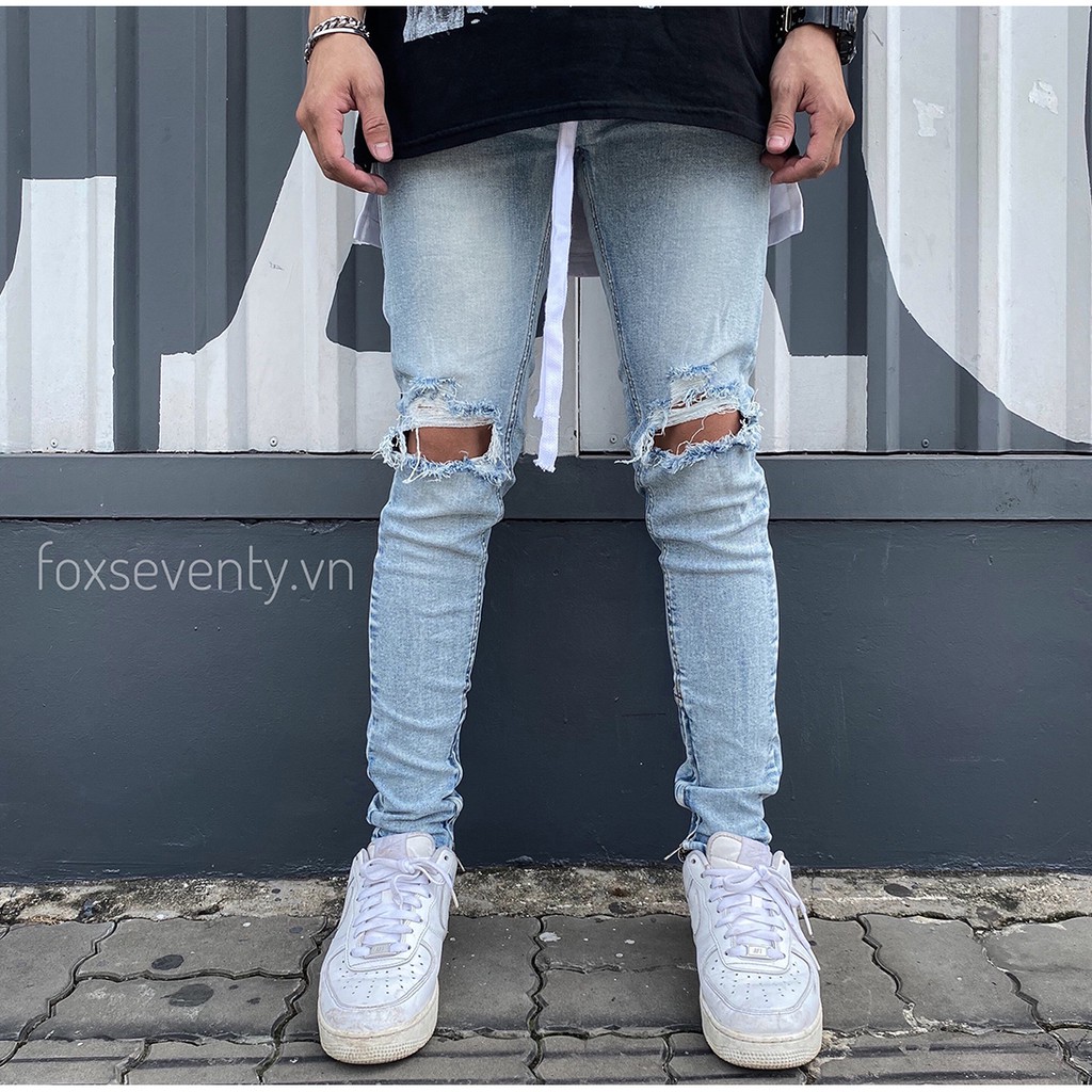 Quần Jean Nam Rách Gối Có Zipper(Khóa Kéo Ống Quần) Màu Xanh Nhạt Đẹp, Form Skinny, Tặng Kèm Dây Drawstring, Streetstyle | BigBuy360 - bigbuy360.vn