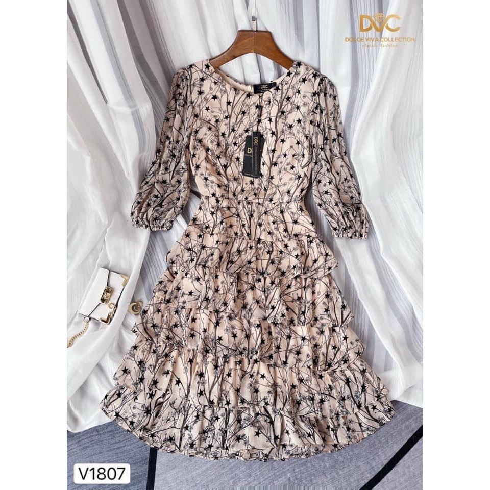 Váy đầm thiết kế cao cấp công sở dự tiệc hoa nhí xòe xếp tầng V1807 - HÀ TRINH STORE | BigBuy360 - bigbuy360.vn