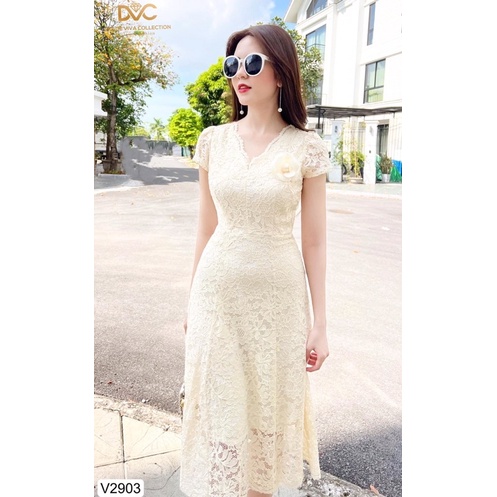 V2903 - váy ren dáng chữ A màu be