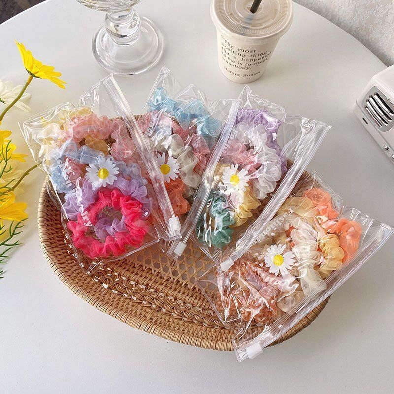 Set 5 dây buộc tóc vải scrunchies kèm túi zip hình hoa cúc