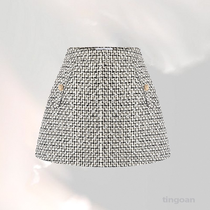 TINGOAN®  - Chân váy tweed cổ bẻ kẻ đen trắng tingoan CHRISTINA SKIRT/XM