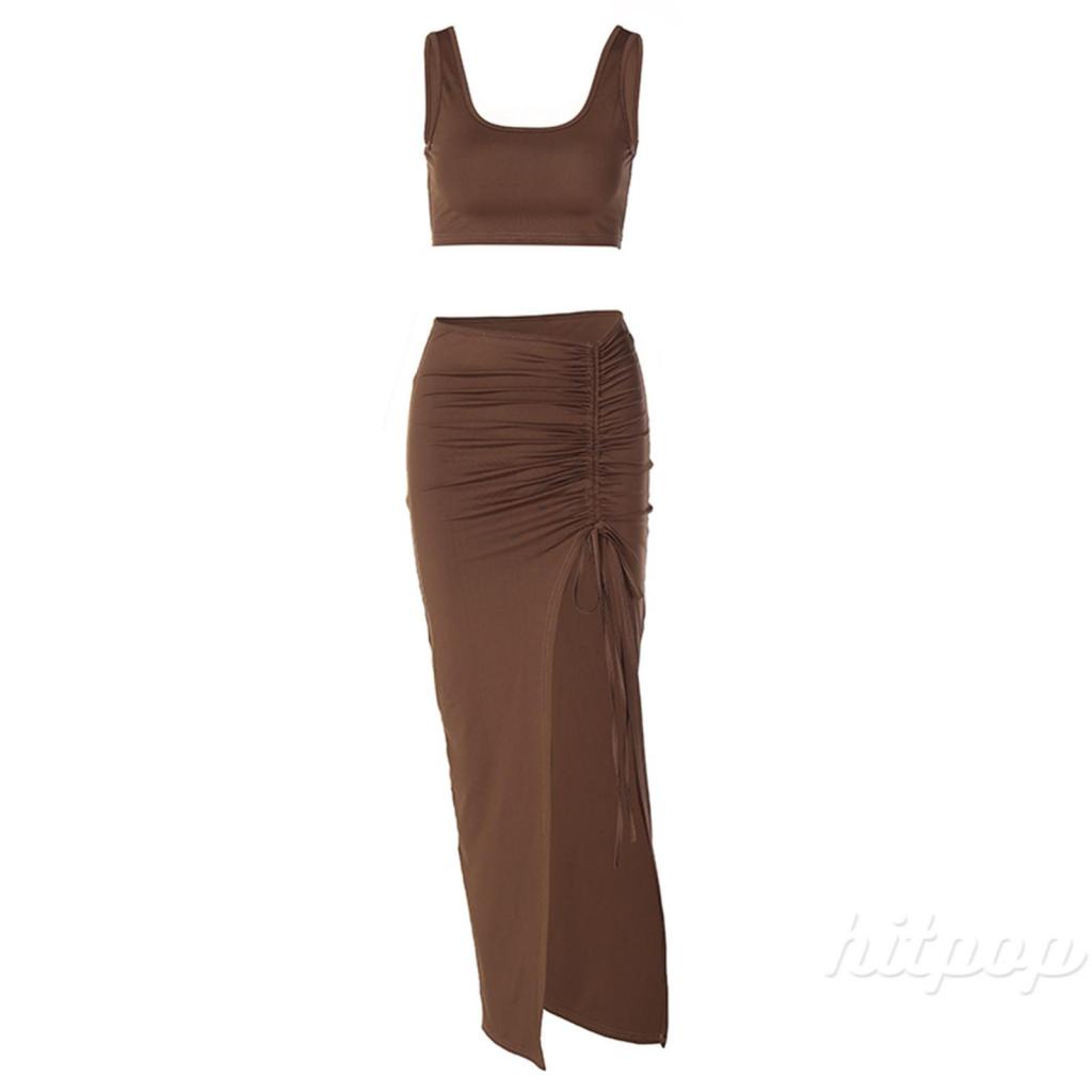 Hitpop-Women´s Short Skirt Suit Solid Color Sleeveless U-Neck Crop Tank Tops + Side Ruched High Slit Skirt