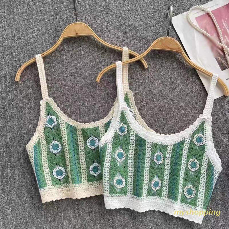 Áo Croptop Hai Dây Dệt Kim Khoét Rỗng Thêu Họa Tiết Thời Trang Mùa Hè Cho Nữ