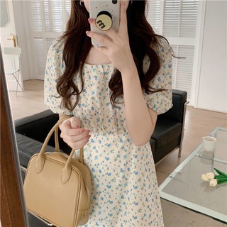 Váy basic vàng hoa xanh ⚡️ảnh thật⚡️ đầm cotton tay ngắn dáng suông