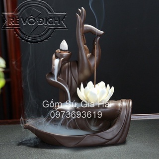 Thác khói trầm hương Thủ Ấn Phật kèm hoa sen cắm nhang tặng 5 nụ trầm