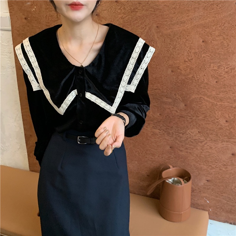 Áo nhung SUXI tay dài phối ren phong cách Hàn Quốc cổ điển thời trang dễ phối đồ dành cho nữ