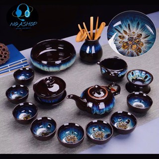 Bộ ấm chén pha trà đẹp gốm sứ cao cấp,chén uống trà đạo tử sa hoả biến 10 -16 chi tết màu nâu đen giá rẻ