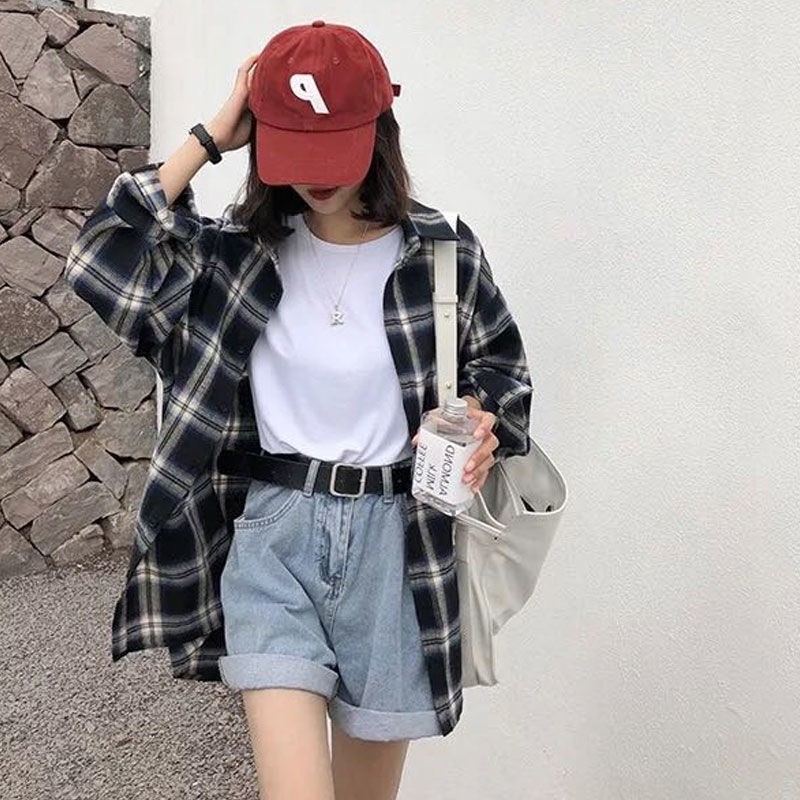 Áo sơ mi tay dài dáng rộng kẻ caro trẻ trung năng động thời trang cho nữ