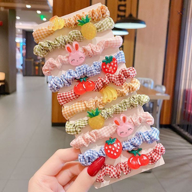Set 10 Dây Buộc Tóc Bằng Nhựa Hình Hoa Cúc / Trái Cây Dễ Thương Cho Nữ