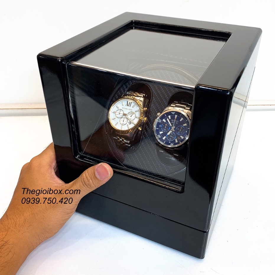 Hộp Đồng Hồ Cơ 2 Ngăn Xoay Vỏ Gỗ - Đế Xoay Đồng Hồ Tự Động [BH 2 Năm]