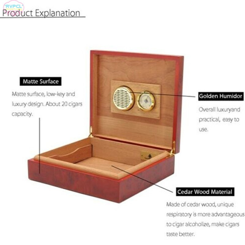 【RVPCL】 Cedar Wood Lined Cigar Humidor Storage Case Box with Humidifier Hygrometer