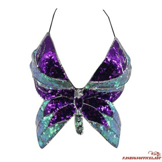 O-l❥Áo dây buộc Sequin hình con bướm dành cho nữ, Áo cropless cổ chữ V sâu gợi cảm cho mùa hè