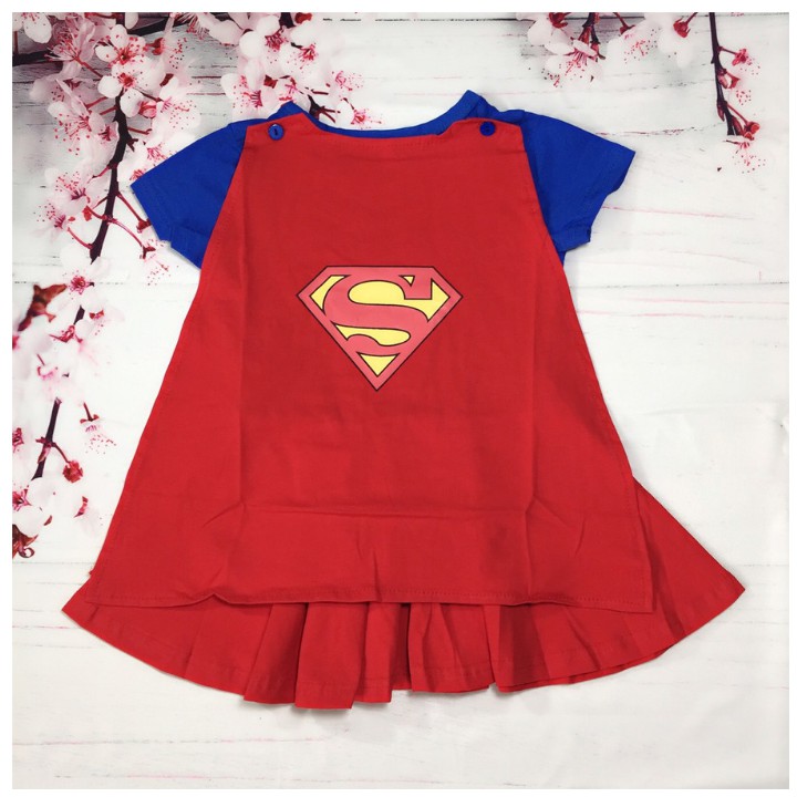 Đầm siêu nhân supergirl bé gái kèm áo choàng từ 9-26kg- thun cotton thấm hút mồ hôi, hình không bong tróc