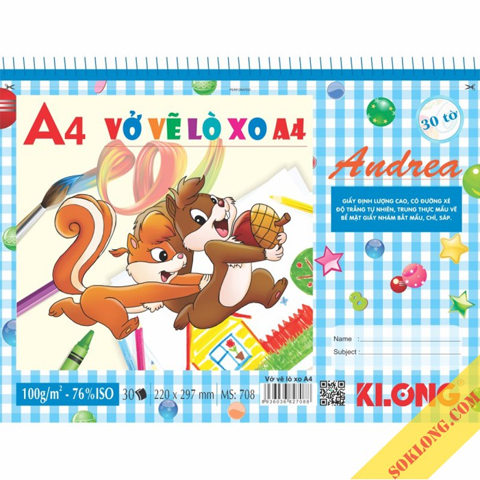 Vở vẽ mỹ thuật lò xo xé bìa ngộ nghĩnh A4 Klong 30 tờ, sổ vẽ màu sáp, chì bề mặt nhám dày dặn