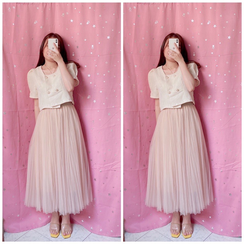 Chân váy voan lưới dài xếp ly hàng cao cấp siêu dày đẹp