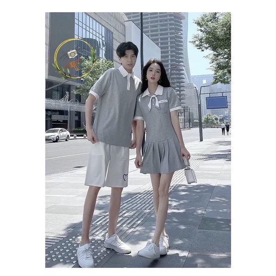 Set đôi : Váy thun nữ dáng xoè thắt nơ trang trí + Áo polo cổ trụ nam