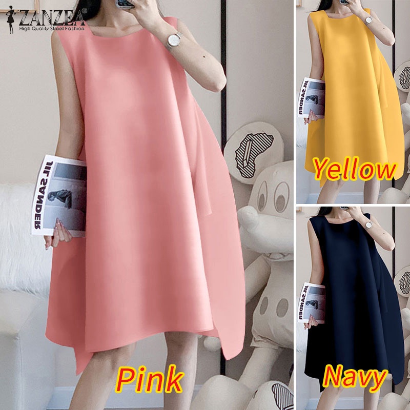 Zanzea Đầm Midi Không Tay Cổ Tròn Màu Trơn Phong Cách Hàn Quốc Thanh Lịch Dành Cho Nữ