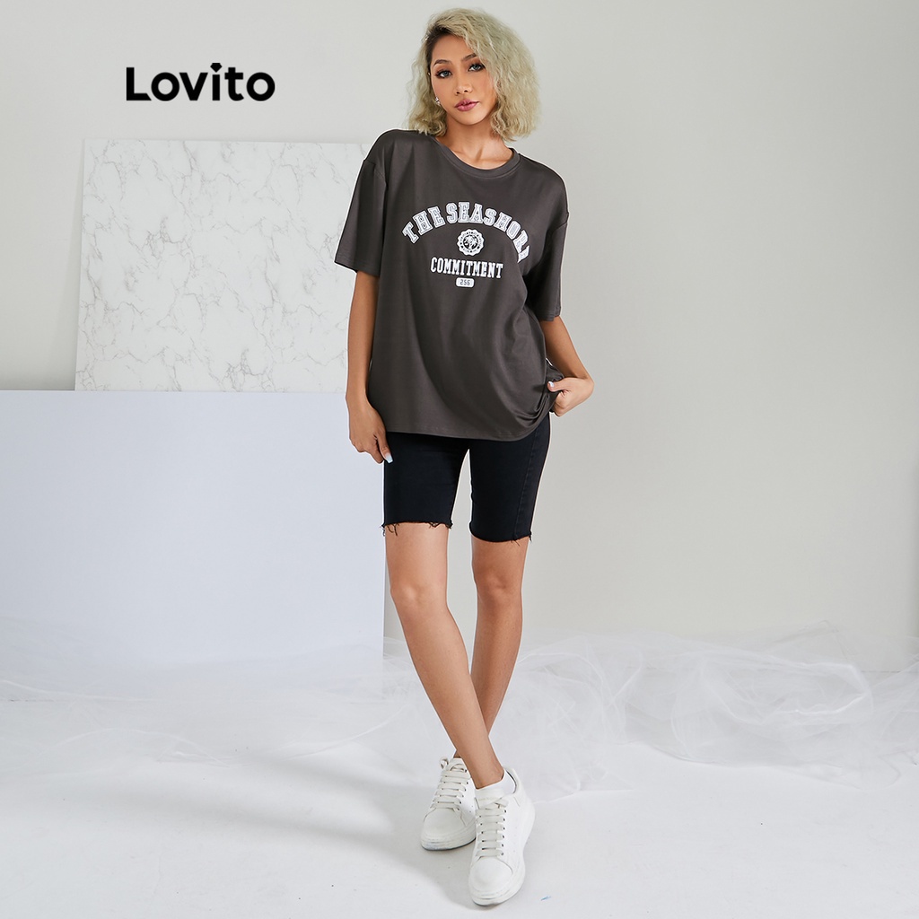 (Hàng có sẵn) Lovito Áo Thun Tay NgắN In Chữ ThườNg L22AD029 (Xám)