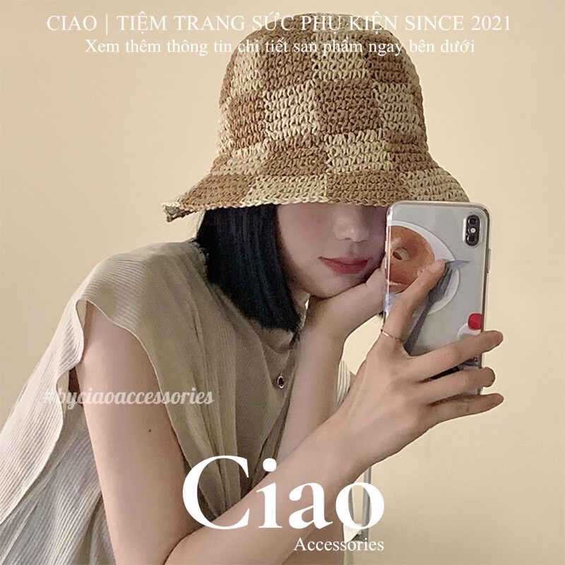 [HOẢ TỐC 1H] Nón/ Mũ tai bèo đan cói thiết kế hoạ tiết caro nữ tính mã 04 Ciao accessories