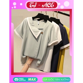 Áo kiểu nữ cổ đắp chéo phối nút tay loe_