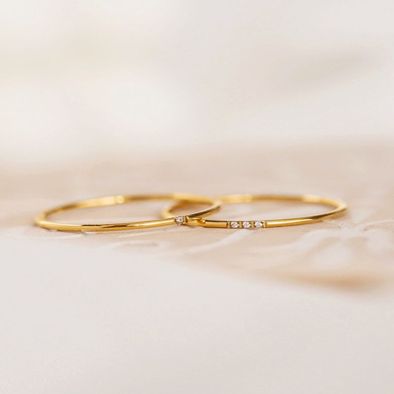 Nhẫn mảnh đeo ngón trỏ bằng thép titan đính kim cương thiết kế đơn giản phong cách Nhật Hàn cho nữ