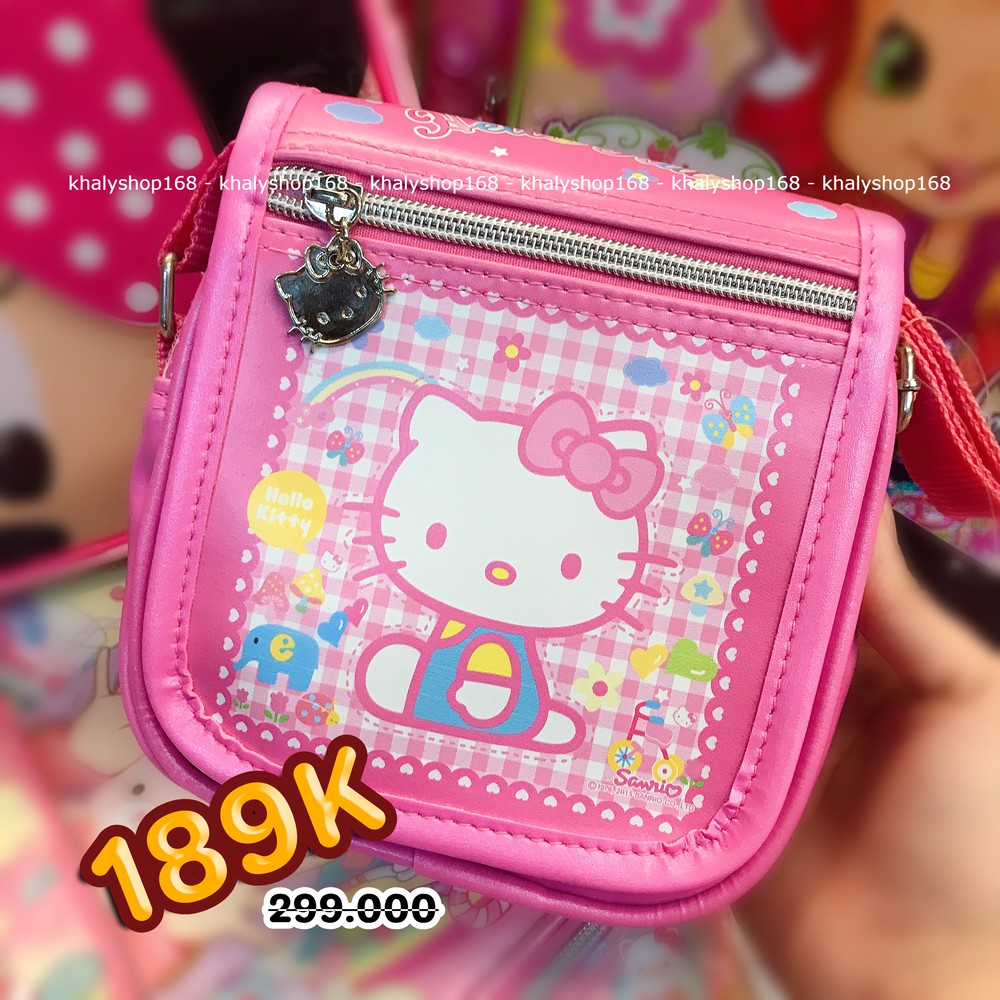 Túi đeo chéo vuông hình mèo Hello Kitty sọc caro màu hồng cho bé gái (Thái Lan) - 3009KT024150 - (15x5x15cm)