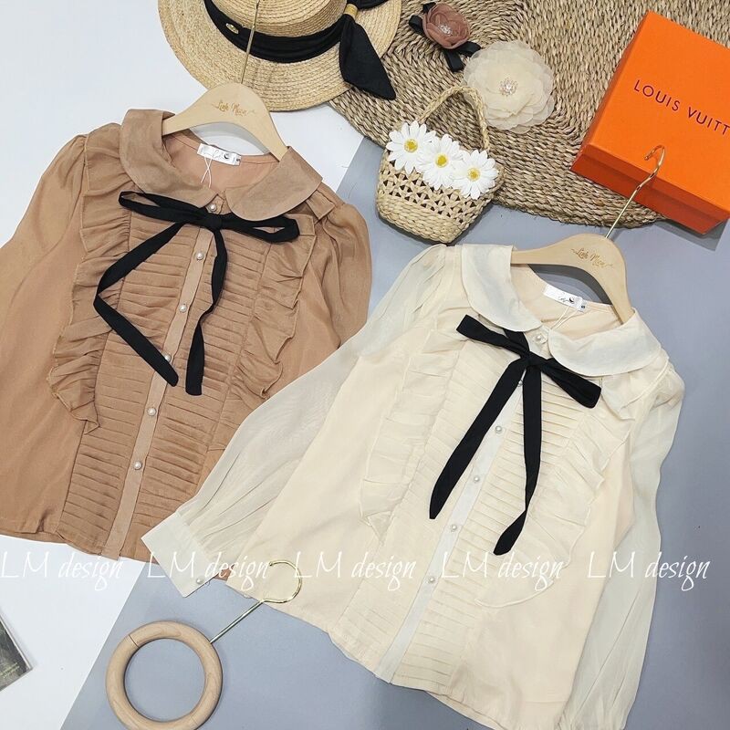 Áo sơ mi tơ cổ sen xếp li ngực kèm nơ