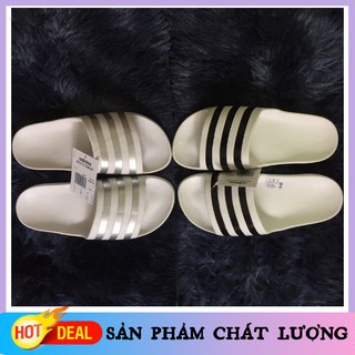 Dép quai ngang màu trắng/sọc đen Nam Nữ, dép đi biển quai ngang