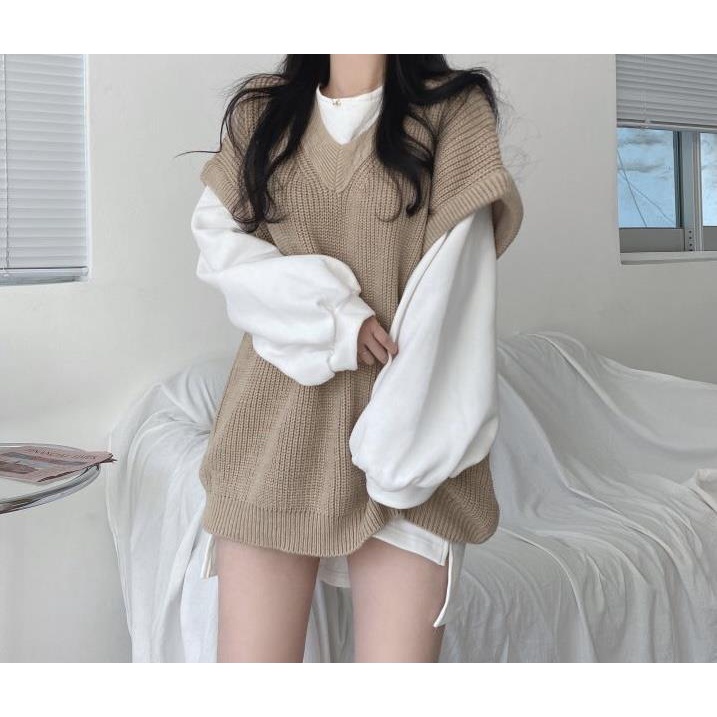 Set áo thun + áo len không tay cổ chữ v thiết kế mới thời trang theo phong cách Hàn Quốc