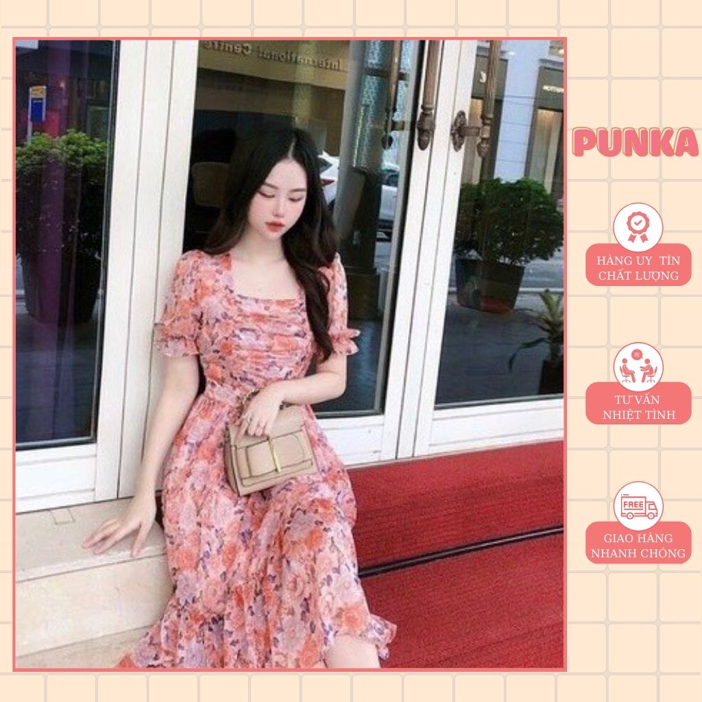 Váy xòe hoa dự tiệc cap cấp dáng dài tay bồng xinh chất liệu tơ 2 lớp dày dặn