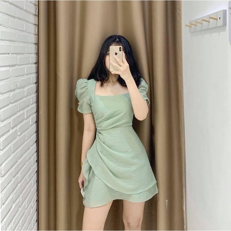 Đầm cổ vuông nhún eo oganza ( có bigsize )