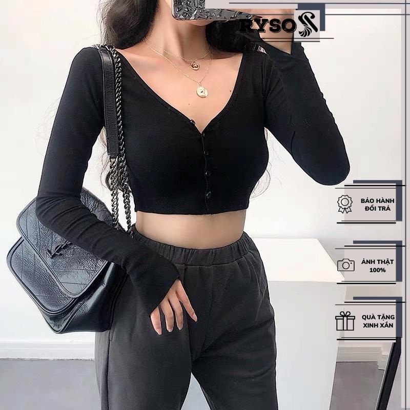 Áo Croptop tay dài nút cài chất thun gân dày dặn cao cấp basic cá tính crt trắng đen đơn giản