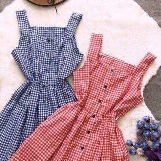 Đầm caro 2 dây đuôi cá xếp li(kèm hình thật)