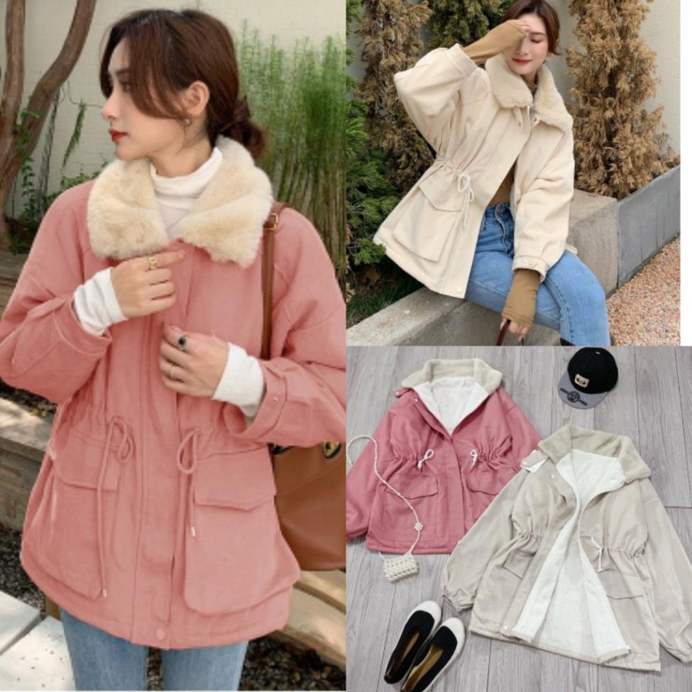 Áo Khoác Kaki ANOKO, Áo Khoác Nữ Jacket Cổ Phối Lông Dày Dây Rút Eo Dưới 65kg Thời Trang Thu Đông S120 | BigBuy360 - bigbuy360.vn