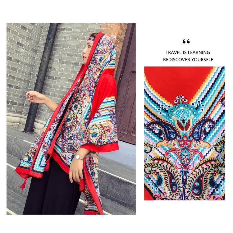 [Nowship2h] Khăn Choàng Quàng Cổ Boho Họa Tiết Thổ Cẩm Viền Tế Bào - Chất Liệu Cotton  - Size:90x180cm - Mã KC017
