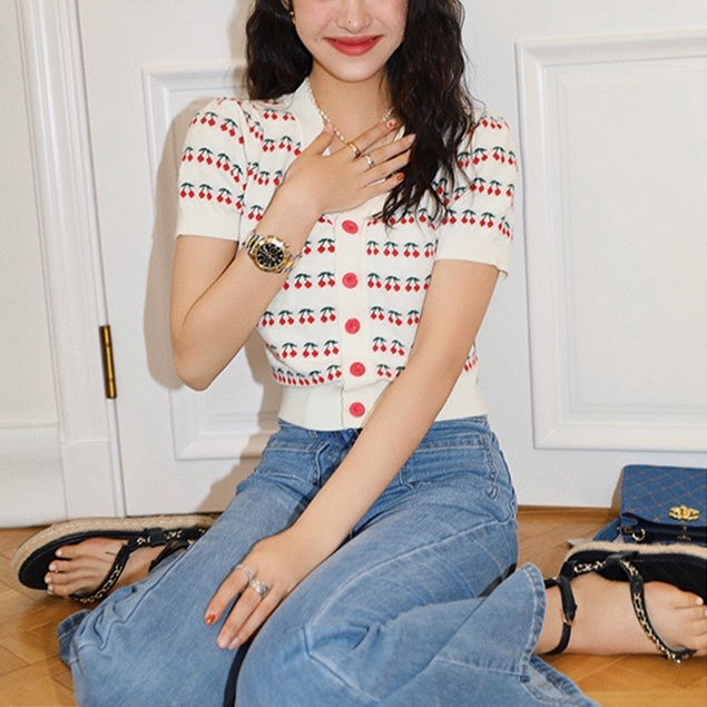 Áo Khoác Cardigan Dệt Kim Cổ Chữ V In Họa Tiết Quả Cherry Phong Cách Thời Trang Mùa Hè Cho Nữ