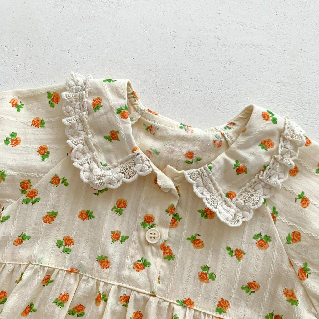 Bộ Áo Liền Quần Tay Ngắn Vải Cotton In Hoa Xinh Xắn Cho Bé Gái Từ 0-2 Tuổi