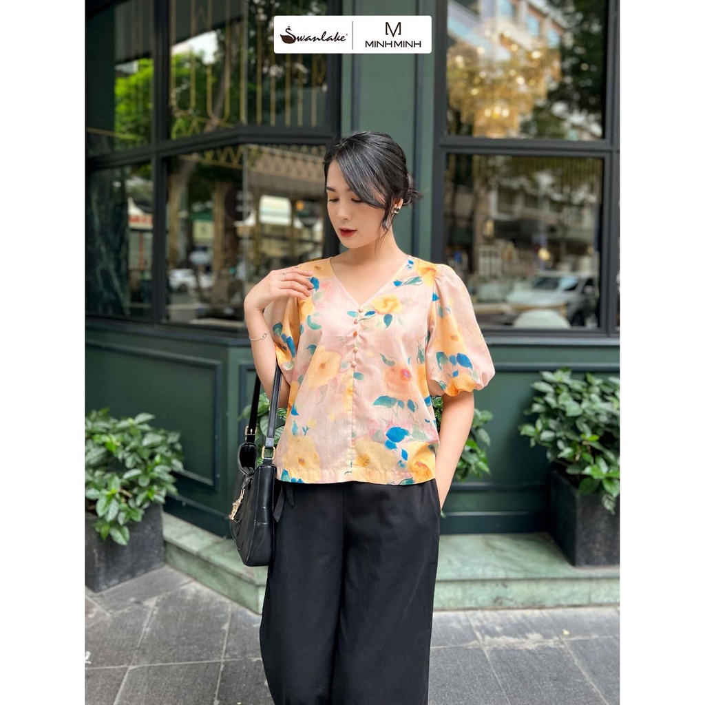 Áo Vải Cotton Hoa Tay Phồng Swanlake - A09725LW10